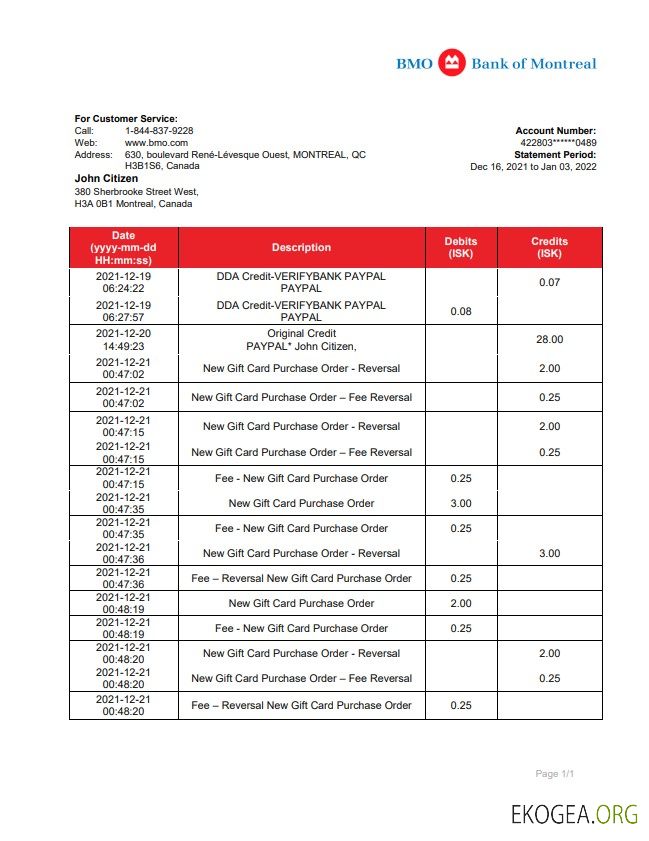 Relevé bancaire de la Banque du Canada de Montréal template